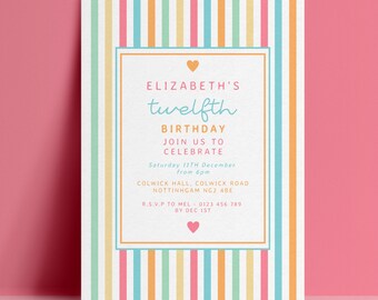 12th Birthday Invitation Template, Rainbow Stripe Editable Invite, Pastel Digital Download, Kids Tween Printable Card