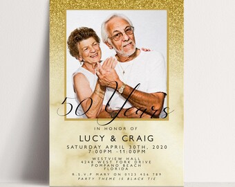 50th Invitation Editable Glitter Marble Invite: Golden Anniversary Design - Photo Upload, Instant Download, DIY Template