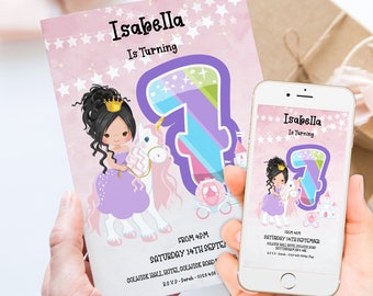 Unicorn Princess 7th Birthday Invitation Plus Mobile Bundle Editable Template Unicorn Invite Princess Party Digital Download