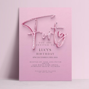 40th Birthday Invitation Template - Pink Sparkly Editable Invite - Digital Download, DIY Printable, For Her Party