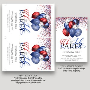 The image is a collage of three images featuring a festive design with red, white, and blue balloons, along with confetti. The collage includes text that provides details about the event, such as the date, location, and the theme of the party.