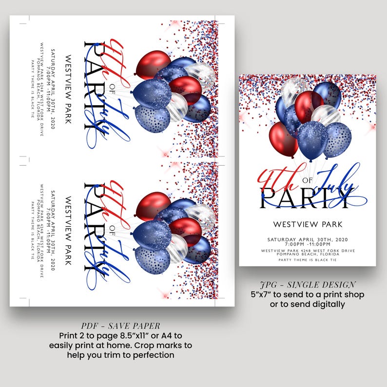 The image is a collage of three images featuring a festive design with red, white, and blue balloons, along with confetti. The collage includes text that provides details about the event, such as the date, location, and the theme of the party.