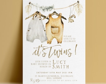 Neutral Boho Twins Baby Shower Invitation: Editable Modern Design, Digital Download | 5x7 Inches, DIY Template, Instant Access