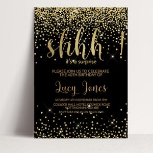 The image is a birthday party invitation with a black background and gold glitter. The text invites guests to a surprise birthday party for the 40th birthday of Lucy Jones.