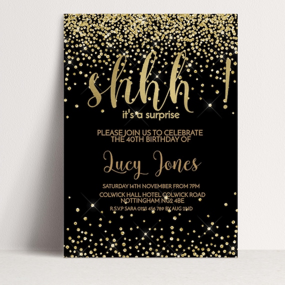 Black Gold Invite Editable Birthday Invitation: Elegant Surprise Party, Glitter Accents | Digital Template, DIY Printable | 5x7 Inches