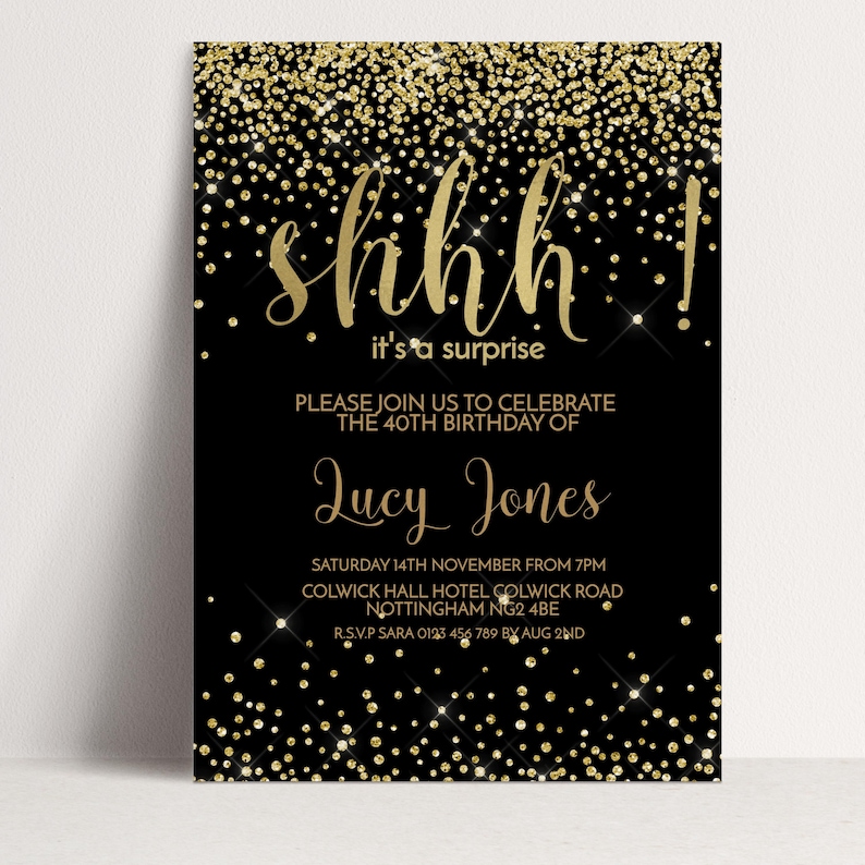 The image is a birthday party invitation with a black background and gold glitter. The text invites guests to a surprise birthday party for the 40th birthday of Lucy Jones.