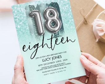 Editable 18th Invitation Aqua Silver Glitter Instant Download Printable Corjl Template Any Age