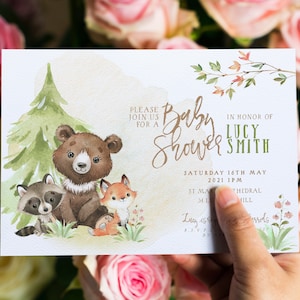 Woodland Baby Shower Invitation EDITABLE Gender Neutral Woodland Animals Invitations Digital Woodland Theme Invites Instant download WD56 image 1