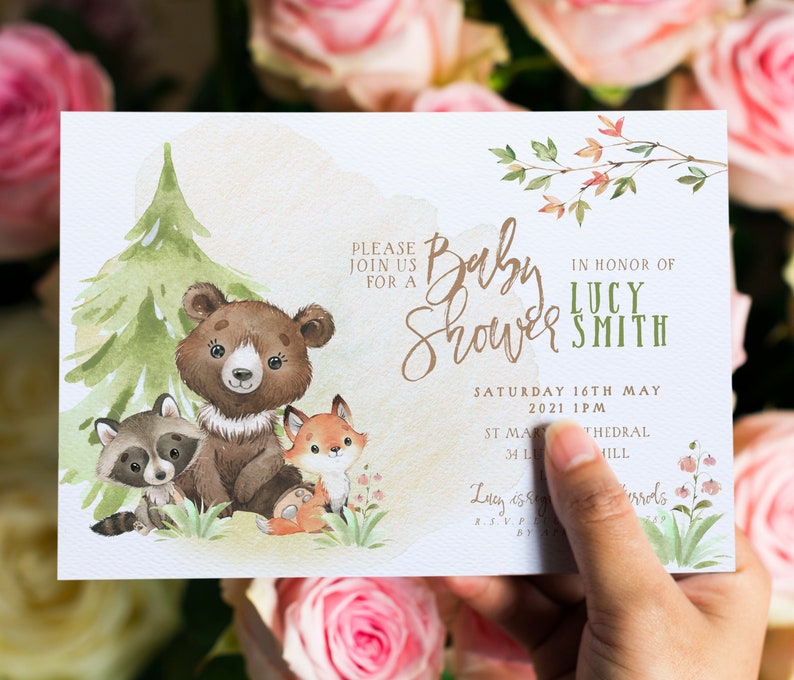 Woodland Baby Shower Invitation EDITABLE Gender Neutral Woodland Animals Invitations Digital Woodland Theme Invites Instant download WD56 image 1