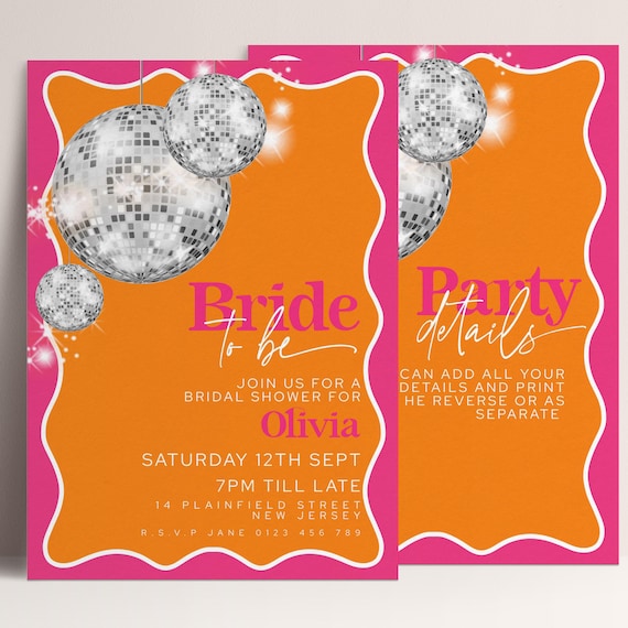 Retro Disco Balls Bridal Shower Invitation: Bold Pink And Orange Waves, Editable Template (5x7 Inches, Digital Download)