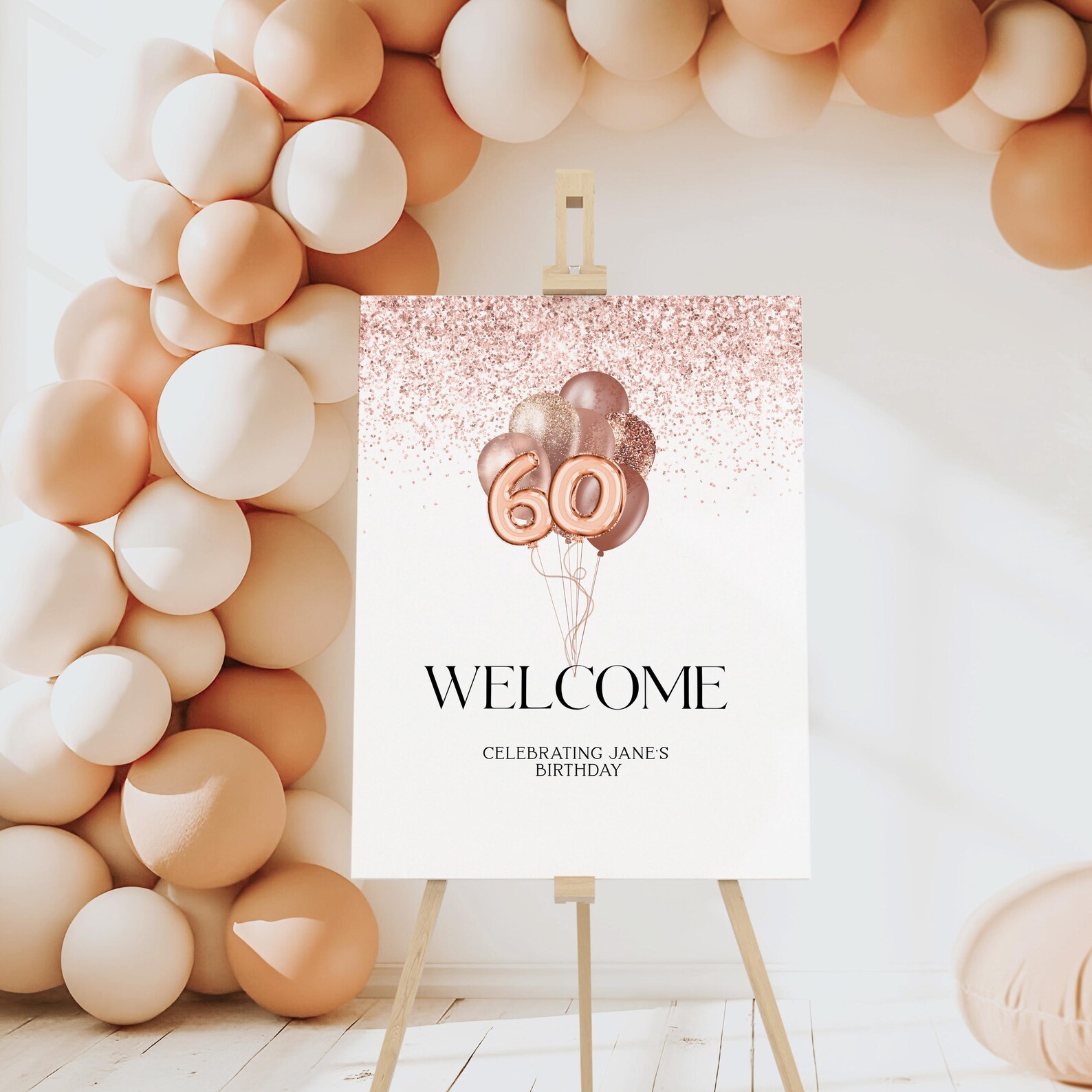 60th Welcome Sign Editable - Rose Gold Birthday Party Decor - Digital ...