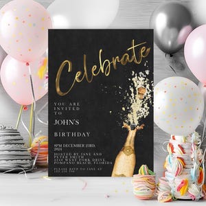Celebrate Champagne Invitation Editable Any Occasion invite Black Celebration Simple Elegant For Him or Her Instant Download Printable SE20