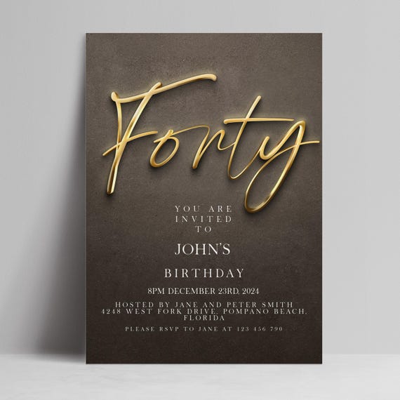 40th Birthday Invitation Template - Editable Black Gold Invite - Simple Elegant Style, Instant Download, Printable DIY File