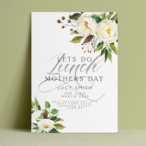 The image is a flyer for a mothers' day event, featuring a floral design with white flowers and green leaves.