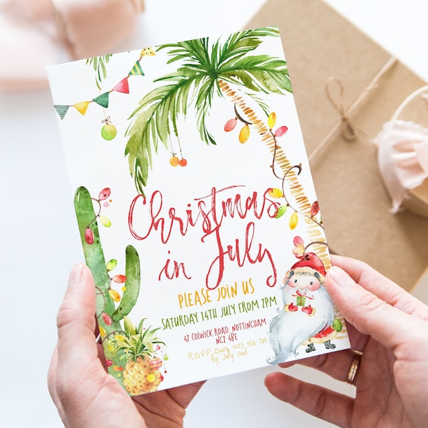 Editable Christmas In July Party Invitation Editable Template Holiday invitation  Tropical Christmas Scene  Printable Instant Download