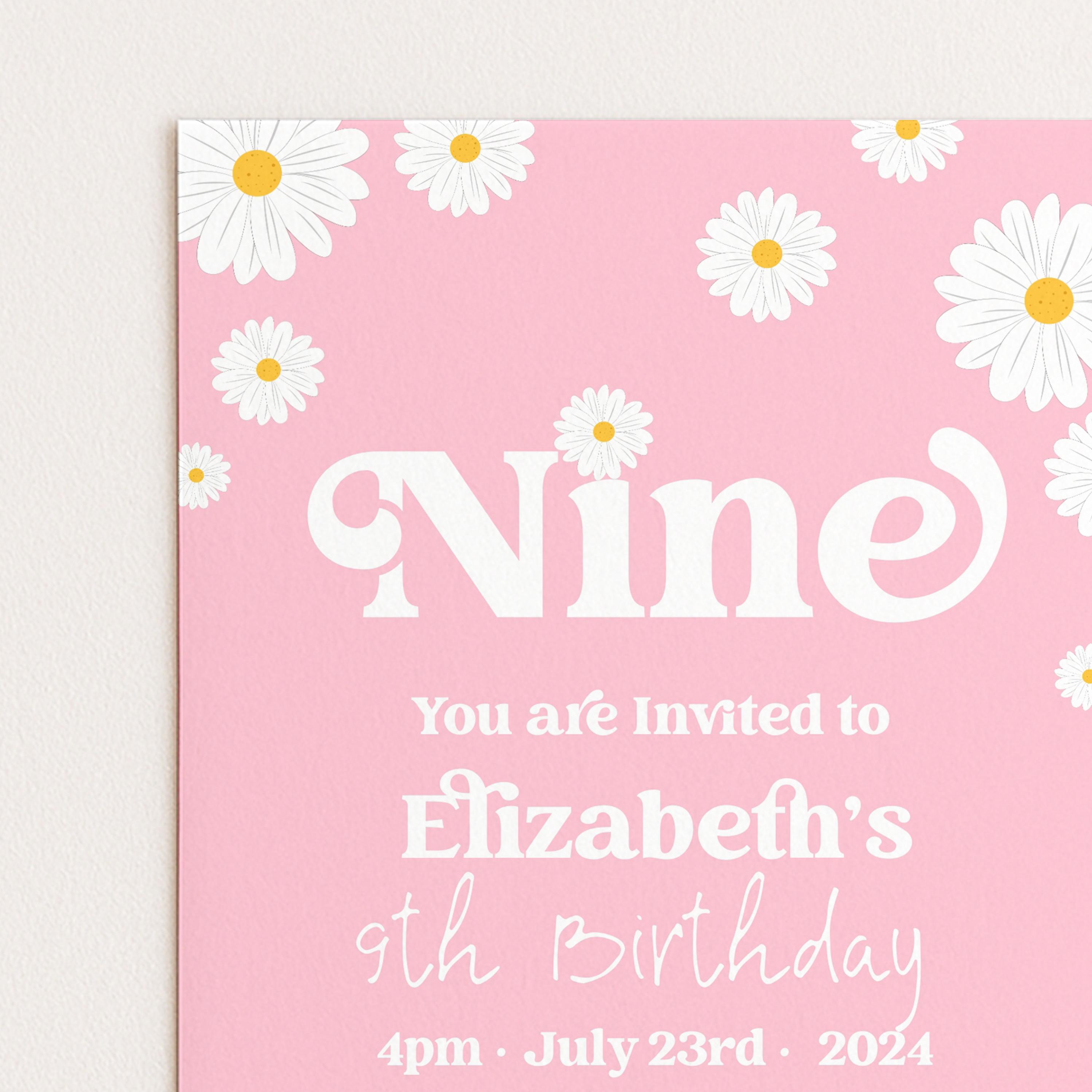 Editable Daisy 9th Birthday Invitation - Pink Retro Template