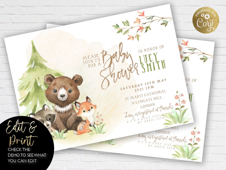 Woodland Baby Shower Invitation EDITABLE Gender Neutral Woodland Animals Invitations Digital Woodland Theme Invites Instant download WD56 image 2