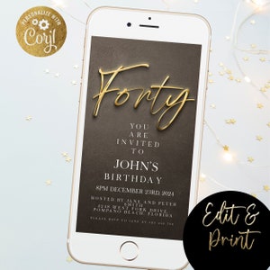 Digital Invitation 40th Birthday Invitation Digital Invitation Black and Gold Editable Simple mobile phone invite Template SMS Invitation