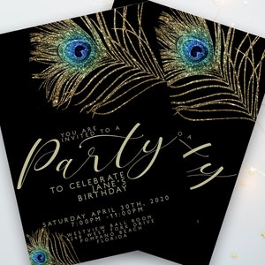 Editable Party Invitations Peacock Feather Glitter Invitation Printable Editable Instant Download Template Corjl