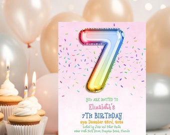7th Rainbow Birthday Invitation Editable Template Rainbow Balloon Invite For Her 7 Year Old Invite Party Celebration Digital Download