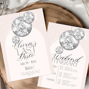Invitación de despedida de soltera con itinerario, plantilla editable, para despedida de soltera, fin de semana, bola de discoteca rosa, tema ibicenco, descarga digital