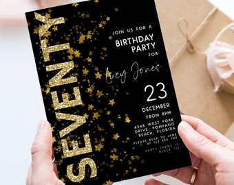 70th Birthday Invitation Template Gold Stars Adult Invite Printable Editable Instant download