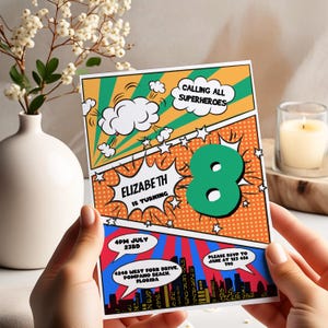 Convite de aniversário de super-heroína | Convite editável em estilo quadrinhos | Cartão para festa de 8 anos para imprimir | Modelo de festa de super-heróis SH85