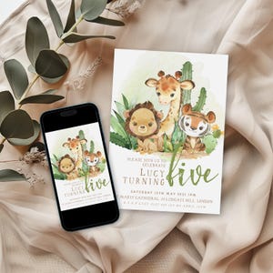 Invitación de cumpleaños de safari editable para niña, plantilla de animales de la selva para el quinto cumpleaños, descarga digital, acuarela, león, jirafa, tigre, invitación SA21