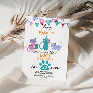 Cat Invitation Editable Kitten Party Invite Printable Pawty Invitation Pink Girl Birthday Invitation Kitten Pawty Instant Download Template