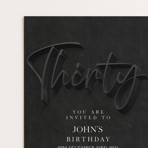 Invito per il 30° compleanno, modello modificabile, design semplice nero (download immediato, stampabile, fai da te, per lui o per lei) immagine 6