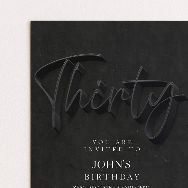Invito per il 30° compleanno, modello modificabile, design semplice nero (download immediato, stampabile, fai da te, per lui o per lei) immagine 6
