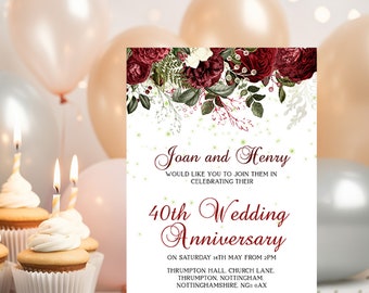 40th Ruby Wedding Anniversary Invitation      0054   Instant Download  Printable