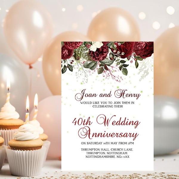 40th Ruby Wedding Anniversary Invitation      0054   Instant Download  Printable