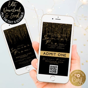 Senior Prom Digitale Einladungen und Digitale Tickets Black Gold Award Night Invite Event Fügen Sie Ihren QR-Code hinzu Bearbeitbar Sofort-Download