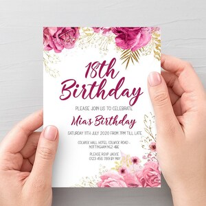 Faire-part 18e anniversaire en fleurs roses et dorées Faire-part d'anniversaire Carte d'invitation d'anniversaire floral 0042 Imprimable à téléchargement immédiat