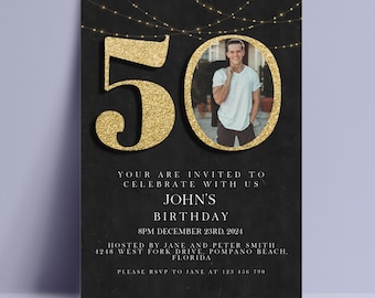 50th Birthday Invitation With Photo, Editable Black Gold Glitter String Lights Invite, Digital Download, Printable Template