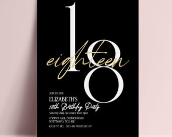 18th Birthday Invitation Template Men Black Gold 18th Party Printable Template, Elegant Milestone Birthday Invite, Editable Digital Download
