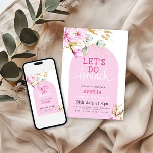 Convite de aniversário para brunch editável – Design de arco floral rosa com magnólia – Modelo de comemoração de 40 anos – Download digital instantâneo para impressão