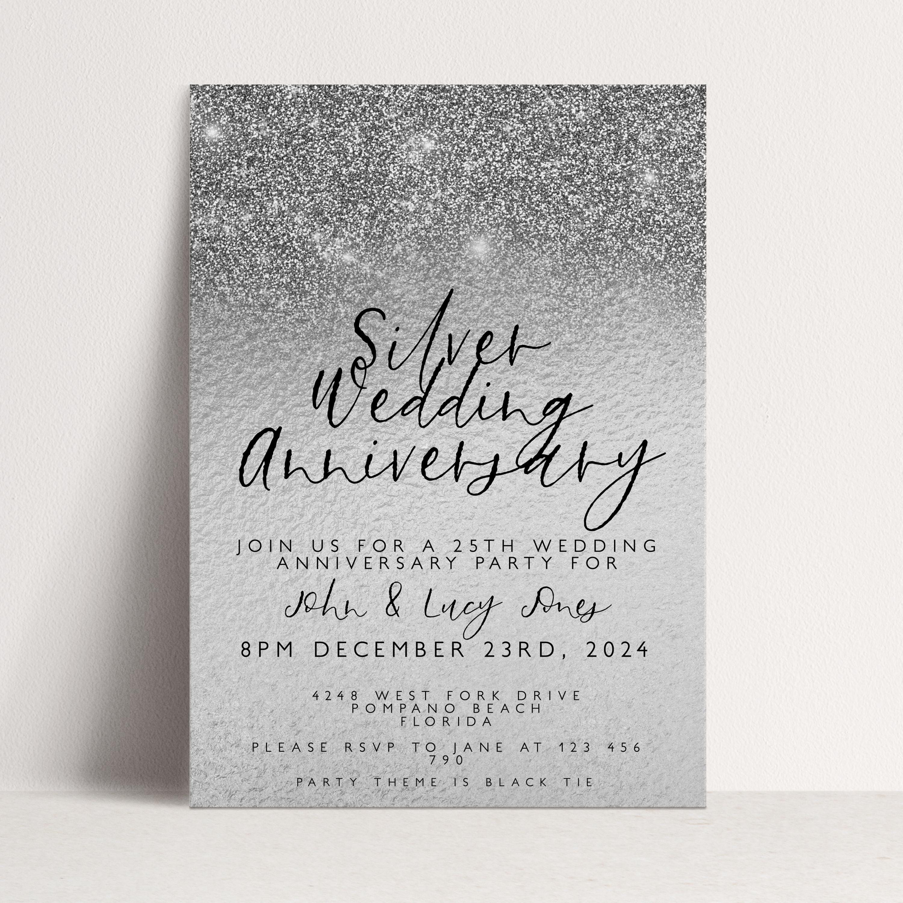 25th Anniversary Invitation - Editable Wedding Template - Silver