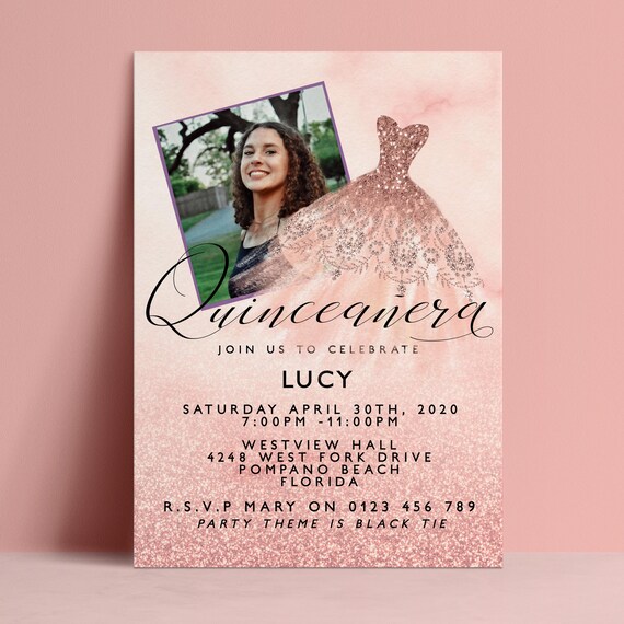 rose gold sparkle dress quinceanera invitation Buy Glitter, Pink Gown 15th Birthday Invite With Photo, Editable Printable Template, Mis Quince Evite Online in India Style:mini
