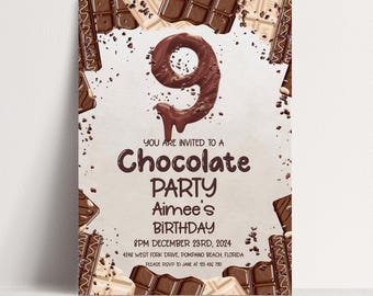 9th Birthday Invitations Editable Chocolate Party Invite: Instant Download, Printable Template | Corjl, 5x7 Inches