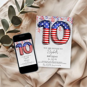 Faire-part 10e anniversaire modifiable, conception de ballon drapeau patriotique des Etats-Unis, modèle d'invitation de fête d'anniversaire de juillet imprimable Téléchargement numérique instantané
