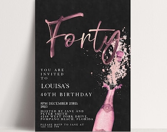 40th Birthday Invitation Editable Template, Pink Champagne Style (Printable, Digital Download, 5x7", Women’s Invite)
