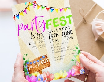 PartyFest Festival Theme Birthday Invitations Bunting Flags Editable Instant Download Template All Text Editable Any Age Occasion FST