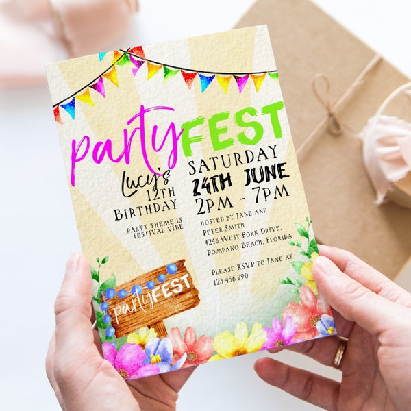 PartyFest Festival Theme Birthday Invitations Bunting Flags Editable Instant Download Template All Text Editable Any Age Occasion FST