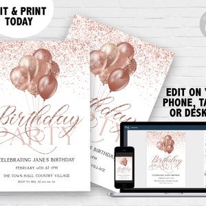 Birthday Invitation Download Rose Gold Balloons Glitter Party Invite ...