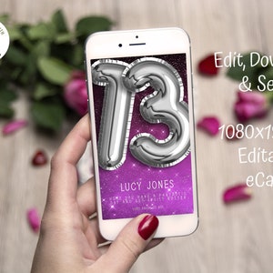 Carte électronique électronique sans papier pour le 13e anniversaire, ballons spatiaux, carte numérique pour téléphone portable, carte électronique de joyeux anniversaire, carte écologique