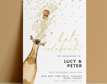 Convite para Festa de Noivado - Modelo Editável com Garrafa de Champanhe, Confete Dourado para Download Digital, Cartão Imprimível para Casais