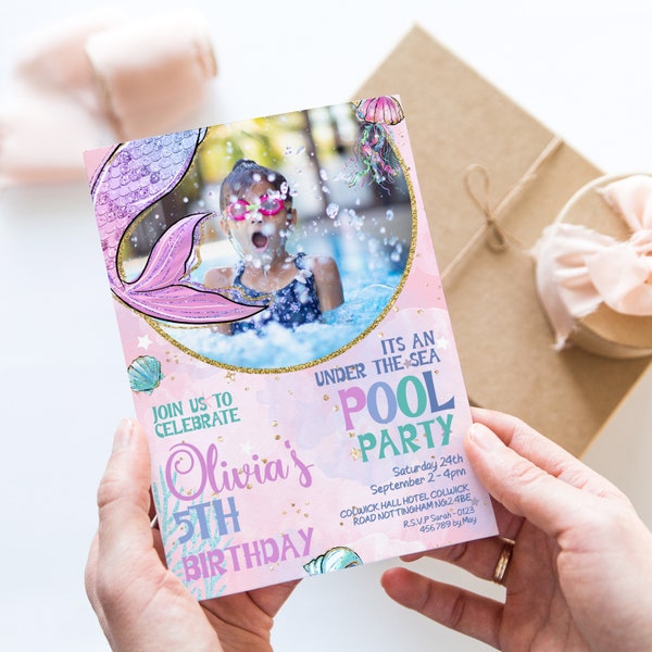 Mermaid Invitation With Photo, Editable Under the Sea Pool Party Invitation Girl Invite, Any Age Printable Template Instant Download MER01