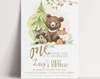 Woodland Animals 1st Birthday Invitation: Gender Neutral Editable Template - Digital Download, Printable, 5x7 Size
